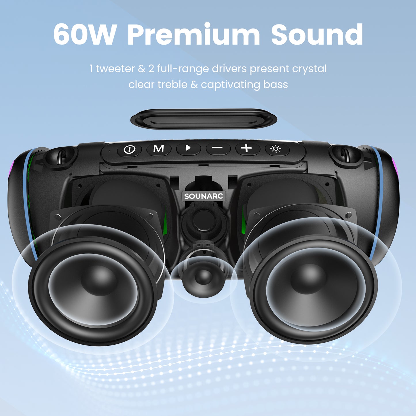 Sounarc R2 60W Extreme Bass Portable Speaker with Bluetooth 5.3, IPX6 Waterproof, Stereo Pairing - Black